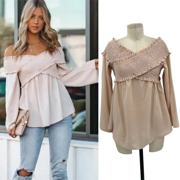 Vici Tops - VICI Smocked Off the Shoulder Top in Sandshell Size Large